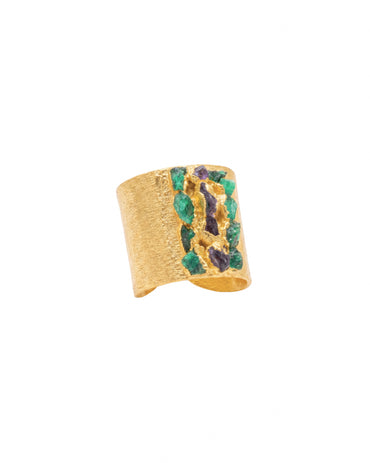 Wide base ring, mosaic mix of emerald and amethyst - Fusion Premium Collection