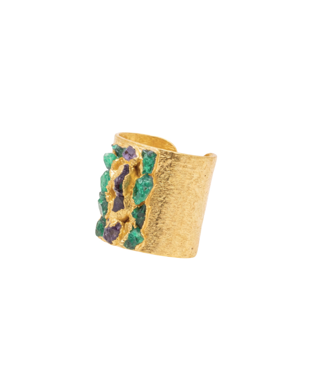 ANILLO BASE ANCHA MOSAICO MIX ESMERALDA Y AMATISTA FUSIÓN
