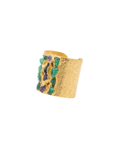 ANILLO BASE ANCHA MOSAICO MIX ESMERALDA Y AMATISTA FUSIÓN