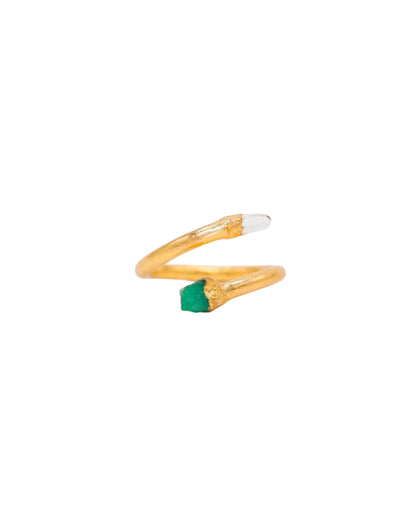 Crossed Quartz and Emerald Ring