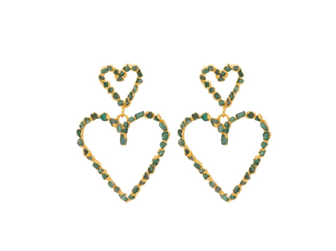 Maxi arete doble corazón  esmeralda