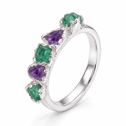 Anillo plata mix amatista y esmeraldas fusión
