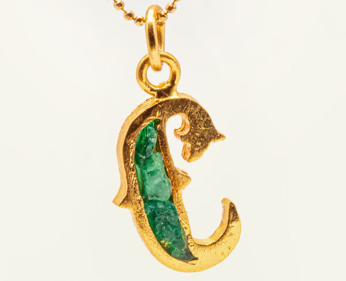 Letter pendant with resin-coated emerald chain coin