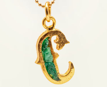 Letter pendant with resin-coated emerald chain coin
