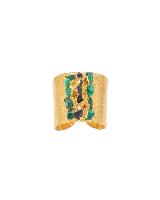ANILLO BASE ANCHA MOSAICO MIX ESMERALDA Y AMATISTA FUSIÓN