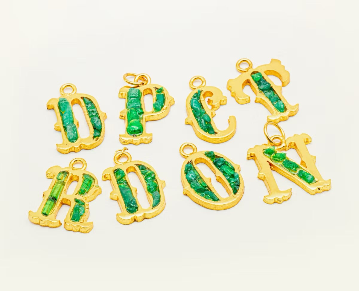 Letter pendant with resin-coated emerald chain coin