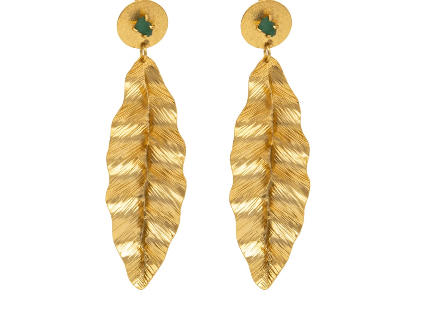 Long hammered emerald leaf earring