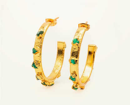 Medium flat hoop earring, 3 cm, emeralds, FUSION