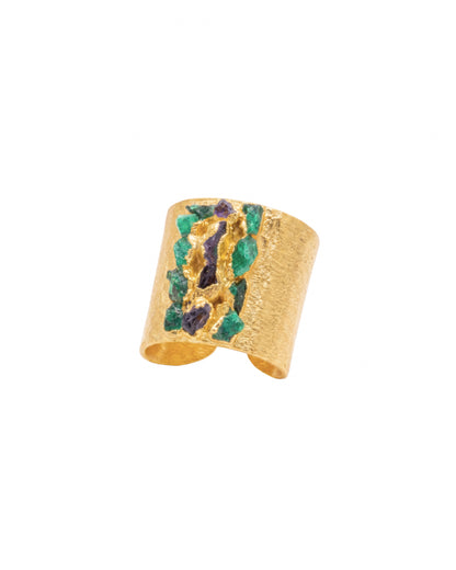 ANILLO BASE ANCHA MOSAICO MIX ESMERALDA Y AMATISTA FUSIÓN