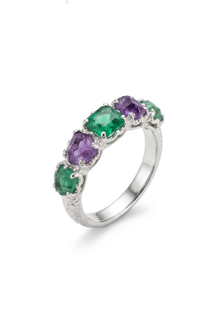 Anillo plata mix amatista y esmeraldas fusión